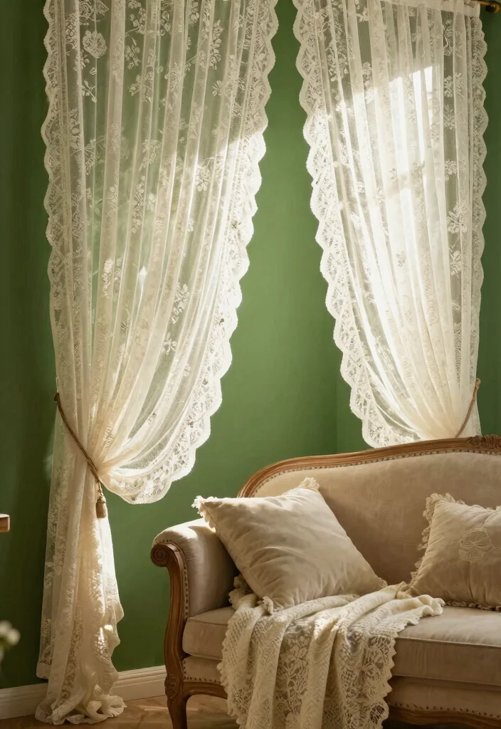 15 Curtains for Green Walls Living Room Ideas Perfect Pairings - 9. Intricate Lace for Romantic Touches 1