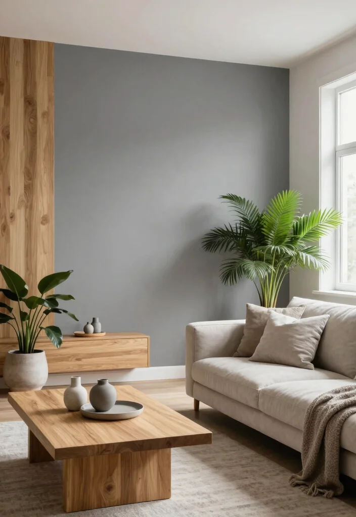 15 Grey Feature Wall Living Room Ideas for a Modern Neutral Style - 1. Elegant Grey with Natural Wood Accents 1