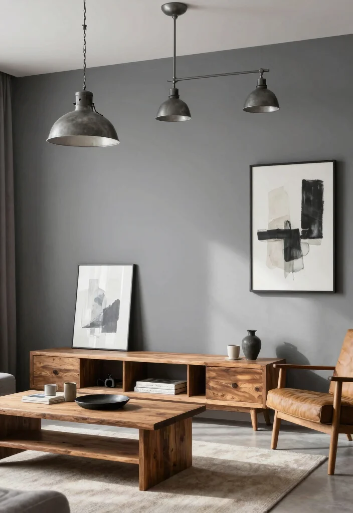 15 Grey Feature Wall Living Room Ideas for a Modern Neutral Style - 10. Industrial Flair 1