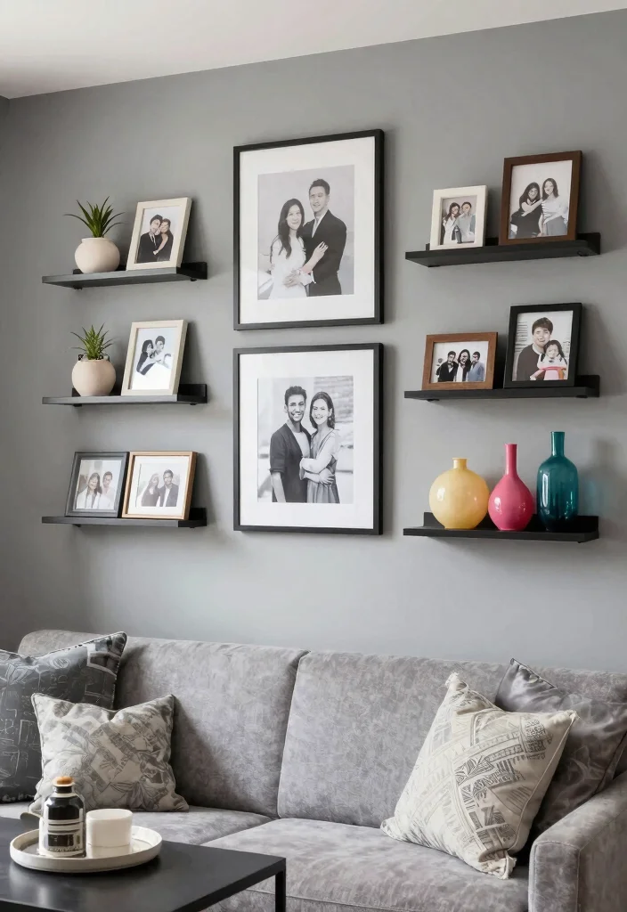 15 Grey Feature Wall Living Room Ideas for a Modern Neutral Style - 15. Personal Touch with Accessories 1