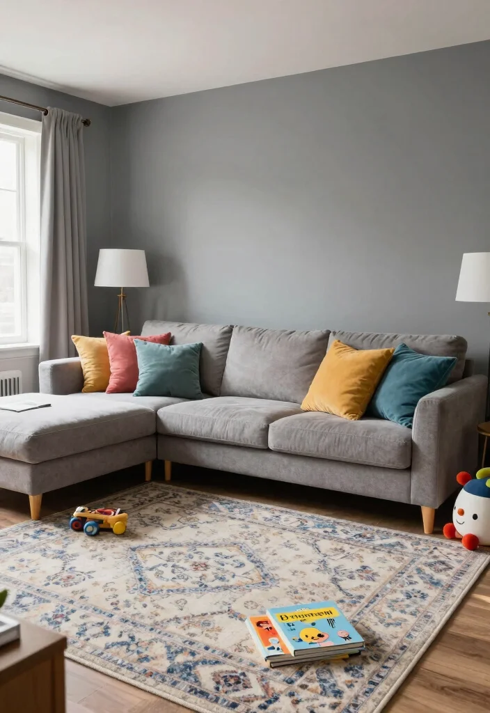 15 Grey Feature Wall Living Room Ideas for a Modern Neutral Style - 6. Family-Friendly Comfort 1