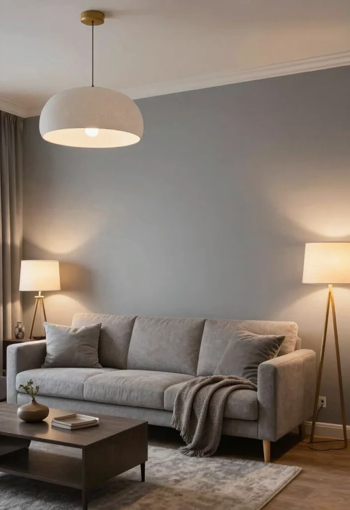 15 Grey Feature Wall Living Room Ideas for a Modern Neutral Style - 9. Layered Lighting 1