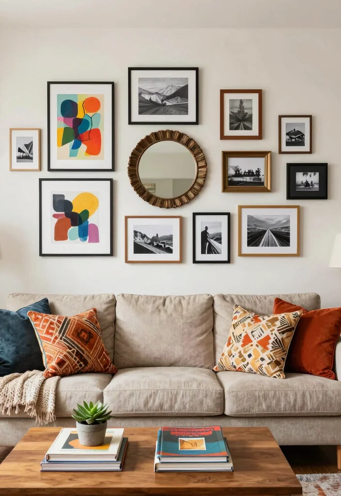 15 Living Room Sofa Wall Design Ideas Balanced Focal Points - 1. Gallery Wall of Art 1