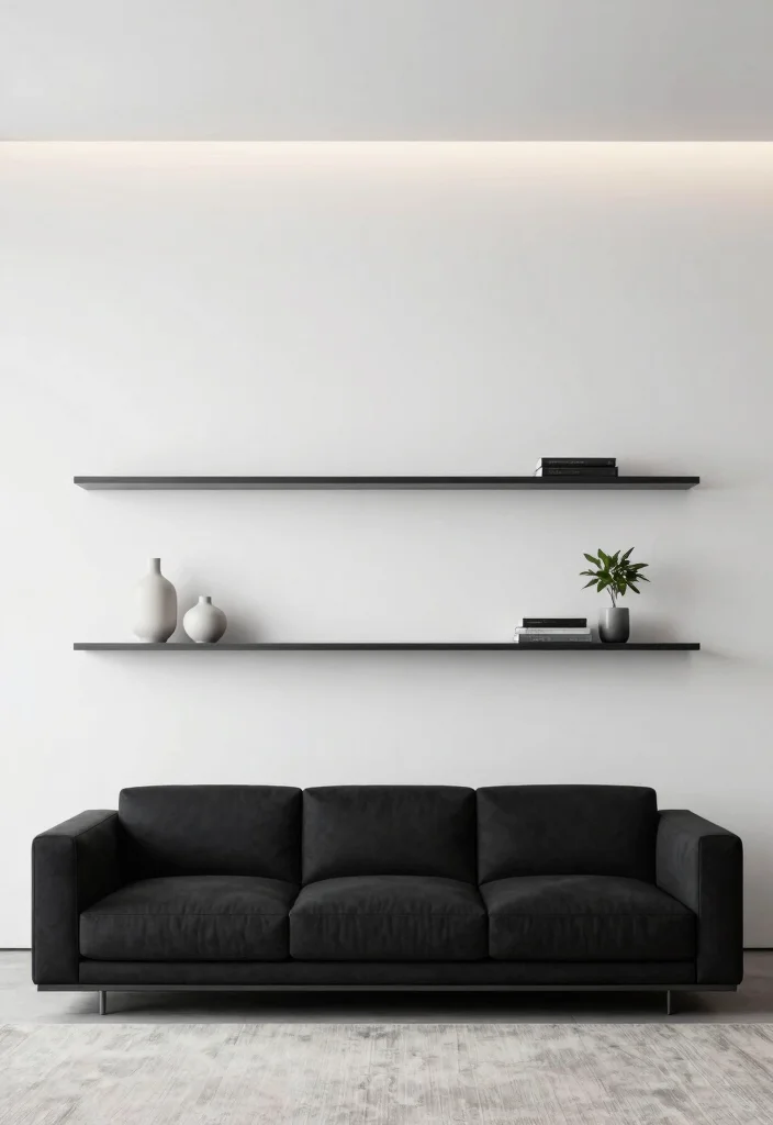 15 Living Room Sofa Wall Design Ideas Balanced Focal Points - 11. Minimalistic Floating Décor 1
