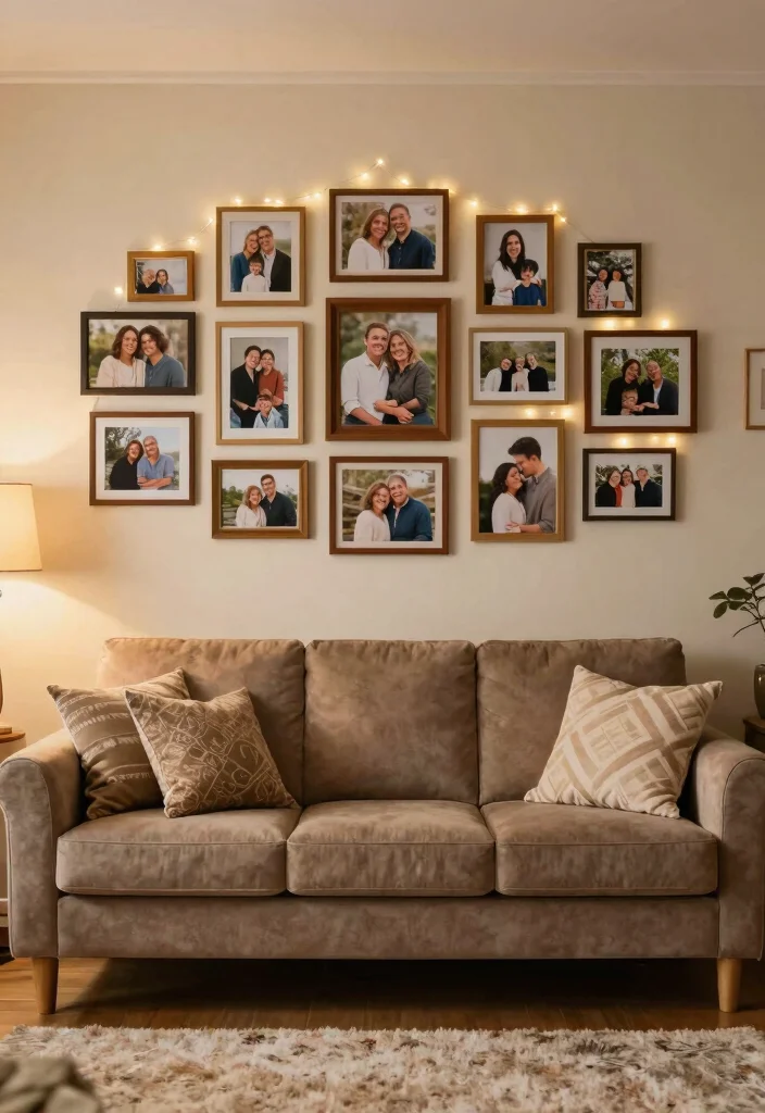 15 Living Room Sofa Wall Design Ideas Balanced Focal Points - 15. Personal Photo Display 1