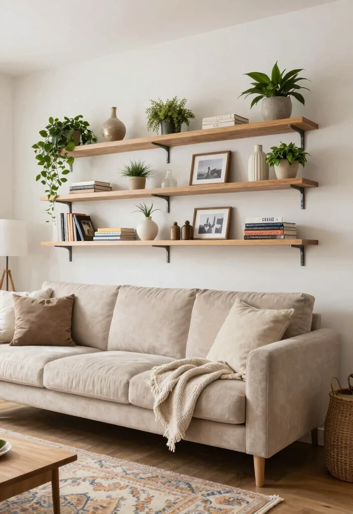 15 Living Room Sofa Wall Design Ideas Balanced Focal Points - 4. Floating Shelves with Decor 1