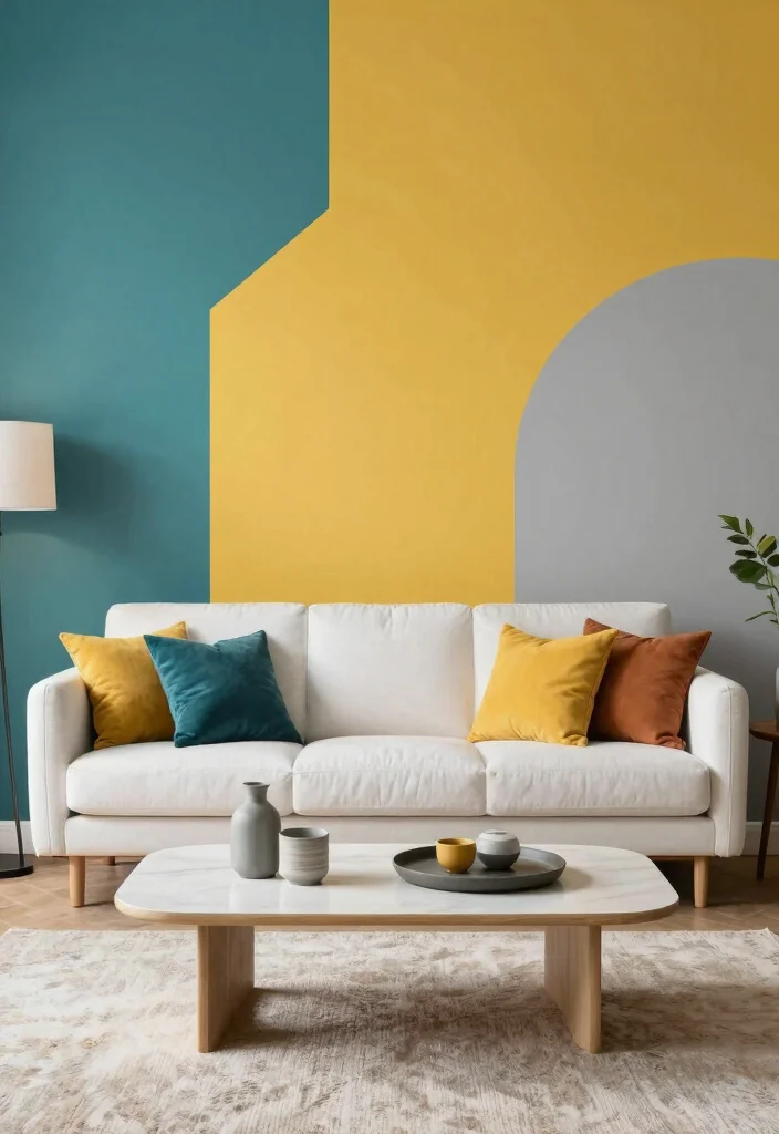 15 Living Room Sofa Wall Design Ideas Balanced Focal Points - 5. Bold Color Blocks 1