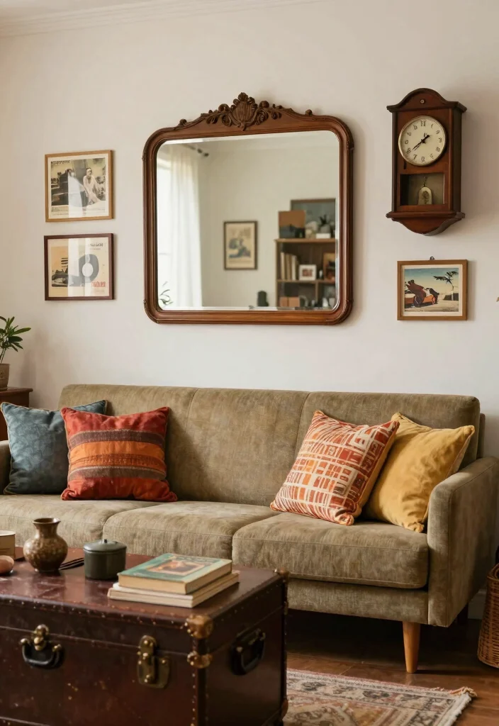 15 Living Room Sofa Wall Design Ideas Balanced Focal Points - 6. Vintage Finds 1