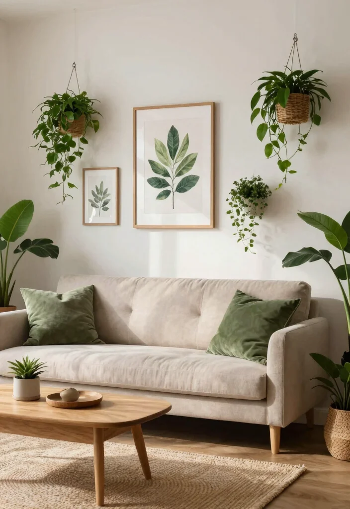 15 Living Room Sofa Wall Design Ideas Balanced Focal Points - 8. Nature-Inspired Decor 1