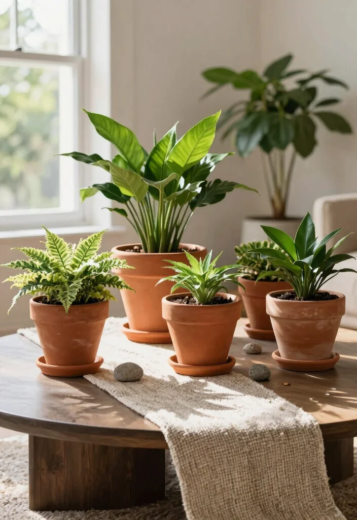 15 Living Room Table Ideas Functional Centerpieces - 2. Terracotta Plant Displays 1