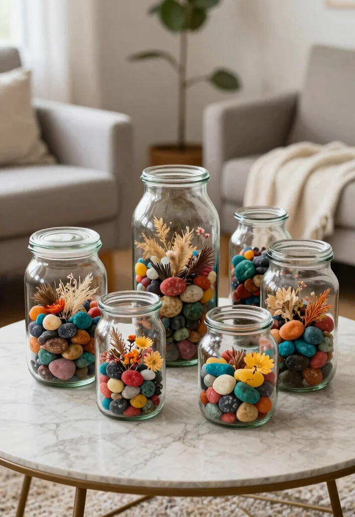 15 Living Room Table Ideas Functional Centerpieces - 3. Upcycled Glass Jars 1
