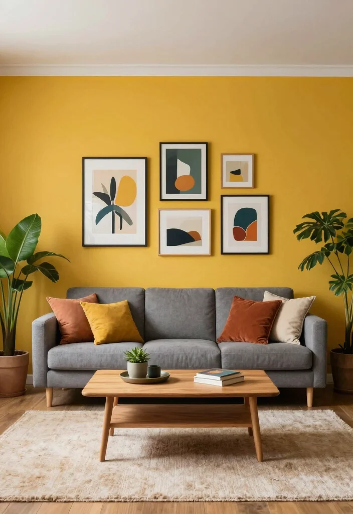 15 Mustard Living Room Decor Ideas: Warm Bold Accents - 1. Mustard Accent Wall 1