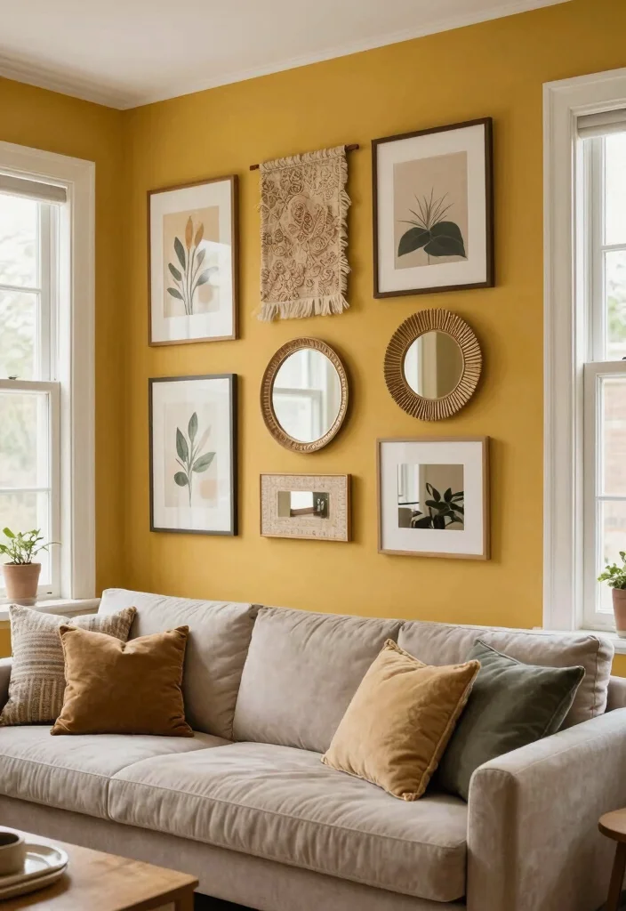 15 Mustard Living Room Decor Ideas: Warm Bold Accents - 10. Mustard Wall Decor 1