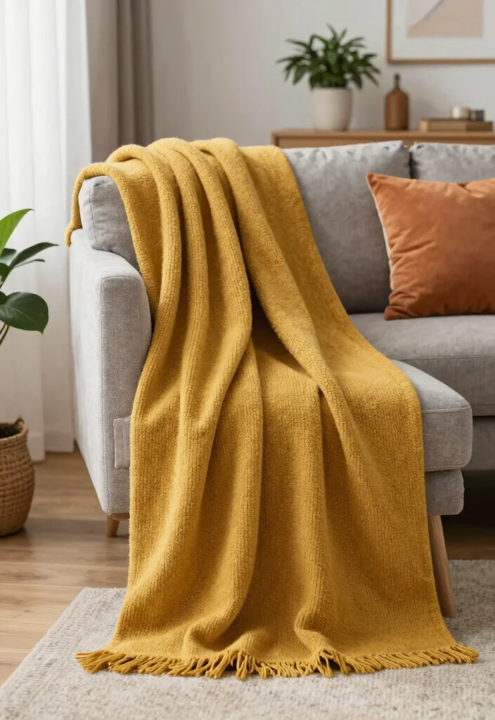 15 Mustard Living Room Decor Ideas: Warm Bold Accents - 14. Mustard Decorative Throws 1