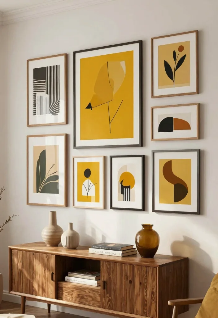 15 Mustard Living Room Decor Ideas: Warm Bold Accents - 4. Mustard Art Prints 1