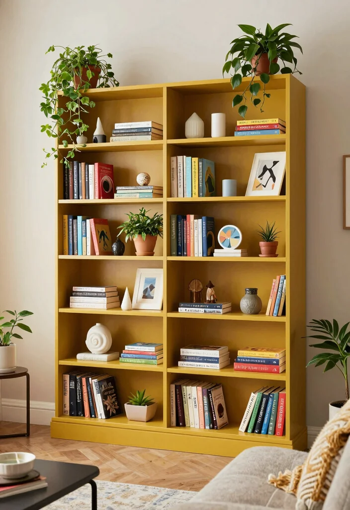 15 Mustard Living Room Decor Ideas: Warm Bold Accents - 7. Mustard Bookshelves 1