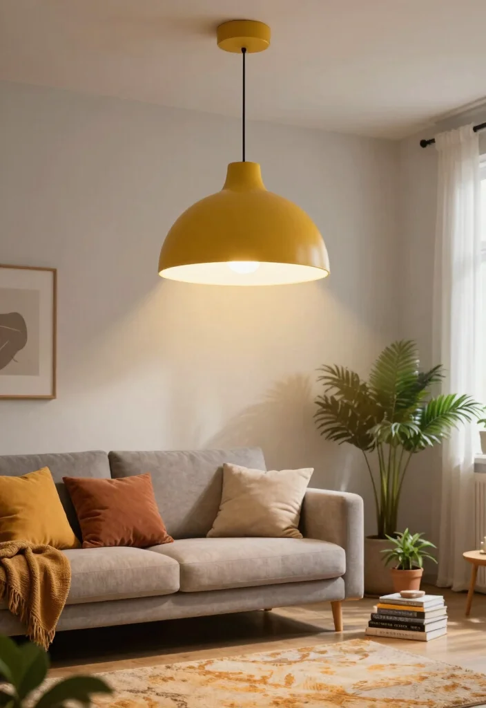15 Mustard Living Room Decor Ideas: Warm Bold Accents - 8. Mustard Lighting Fixtures 1