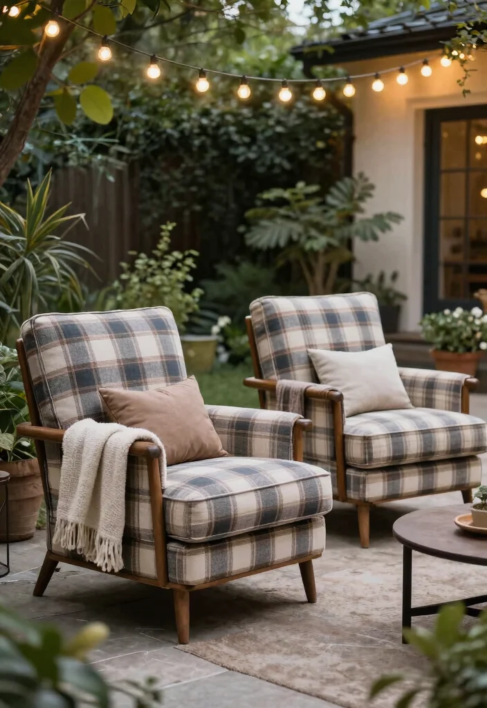 15 Plaid Chairs Living Room Ideas: Cozy Classic Patterns - 13. Outdoor Living with Plaid 1