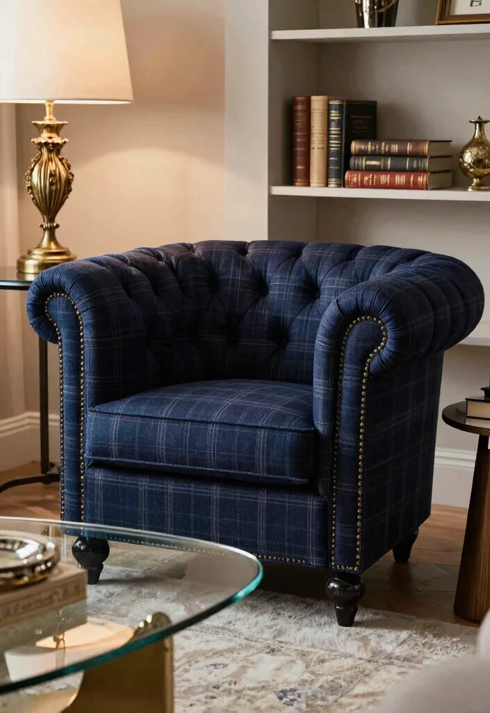 15 Plaid Chairs Living Room Ideas: Cozy Classic Patterns - 5. Vintage Chesterfield Flair 1