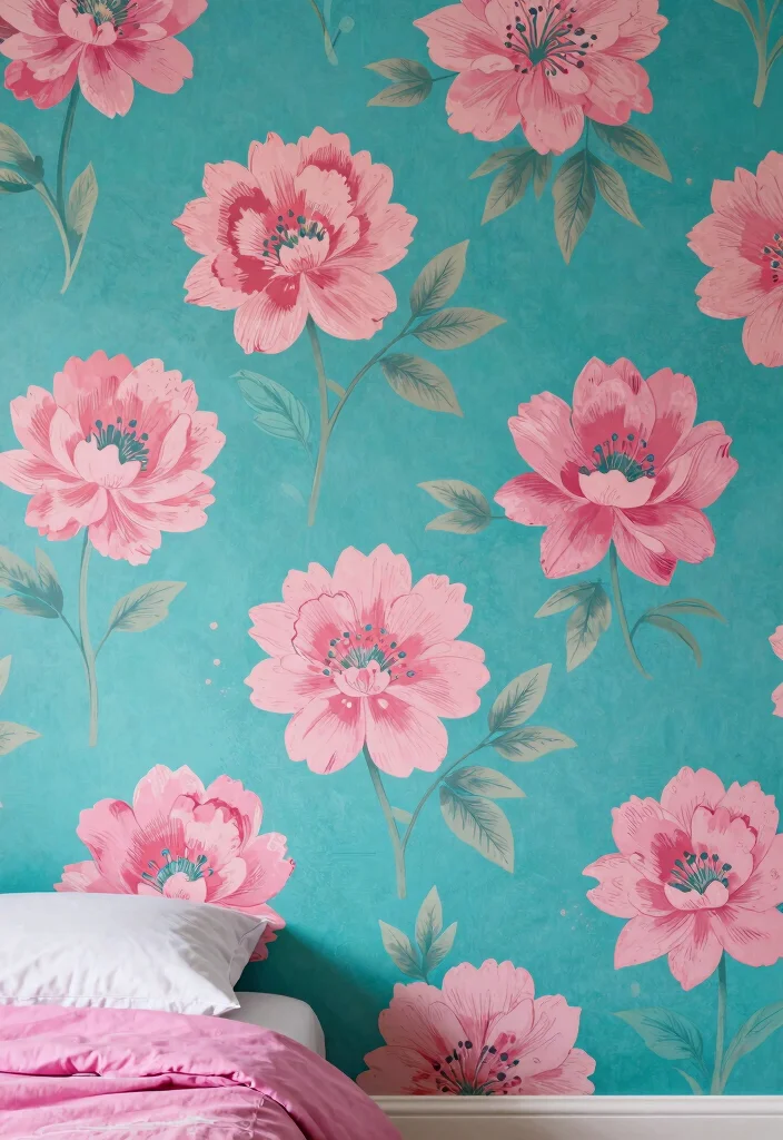 15 Teal and Pink Bedroom Ideas: Playful Bold Contrast - 13. Bold Wallpaper Choices 1
