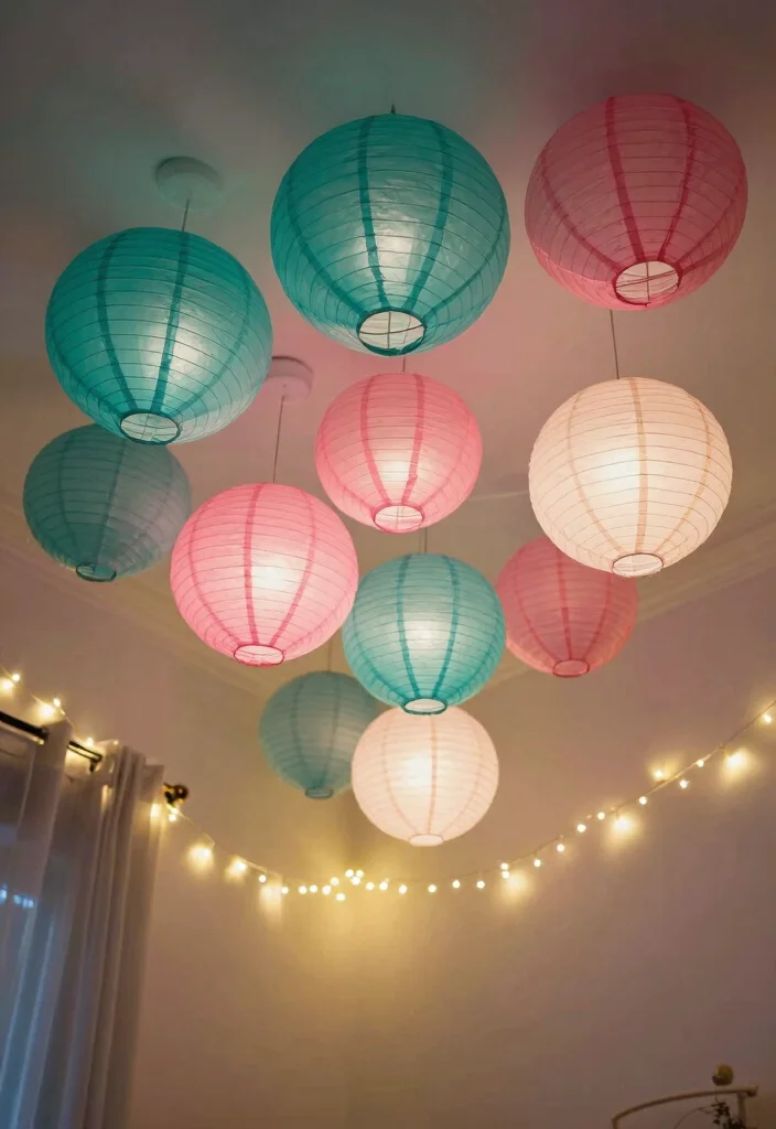 15 Teal and Pink Bedroom Ideas: Playful Bold Contrast - 15. Whimsical Ceiling Decor 1