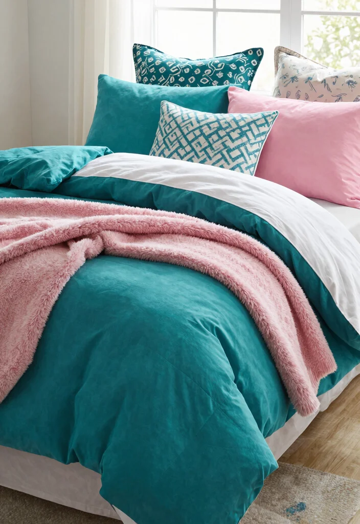 15 Teal and Pink Bedroom Ideas: Playful Bold Contrast - 2. Playful Bedding Combinations 1