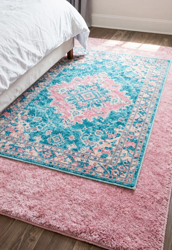 15 Teal and Pink Bedroom Ideas: Playful Bold Contrast - 4. Colorful Rugs to Anchor the Space 1