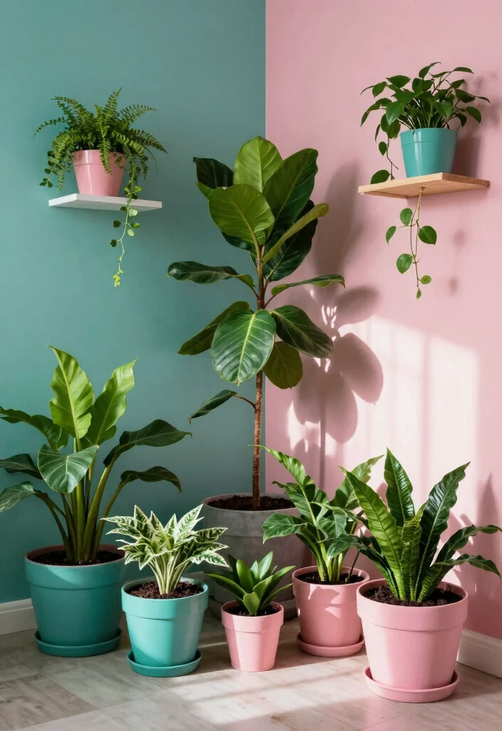 15 Teal and Pink Bedroom Ideas: Playful Bold Contrast - 5. Lush Plants for a Natural Touch 1