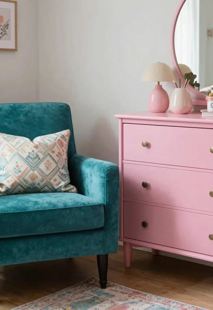 15 Teal and Pink Bedroom Ideas: Playful Bold Contrast - 6. Statement Furniture Pieces 1