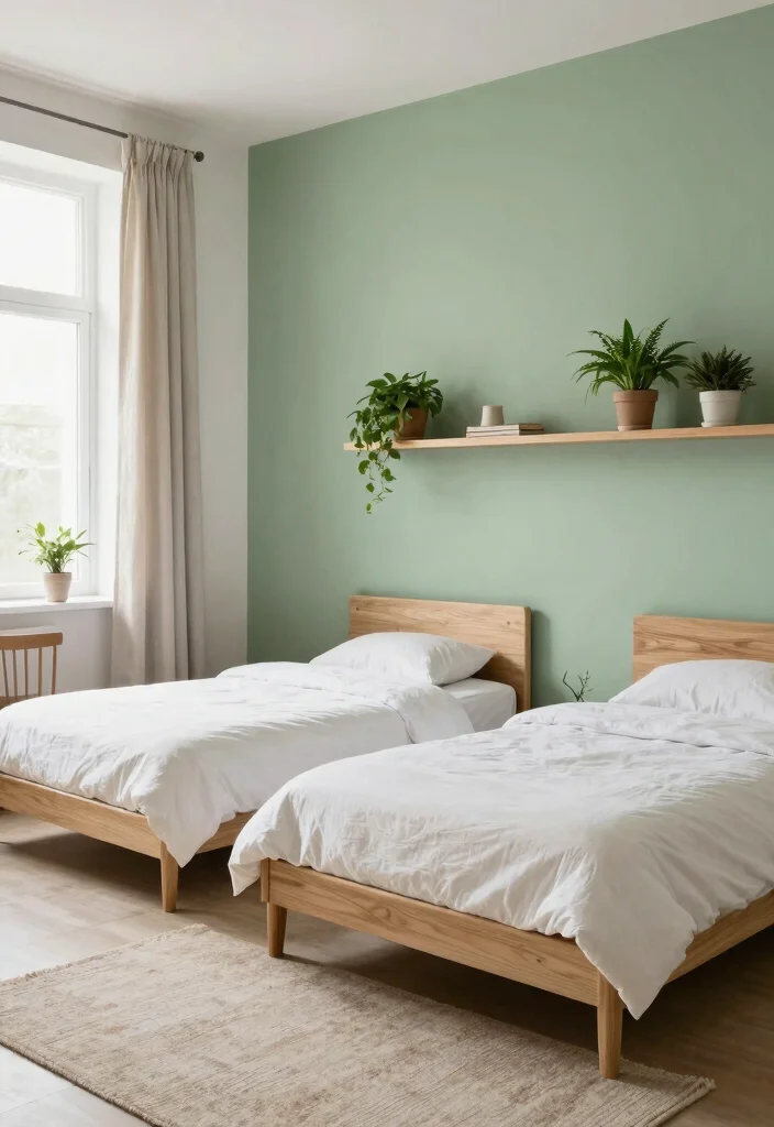 15 Twin Bedroom Ideas for Adults: Stylish Shared Spaces - 1. Minimalist Green Haven 1