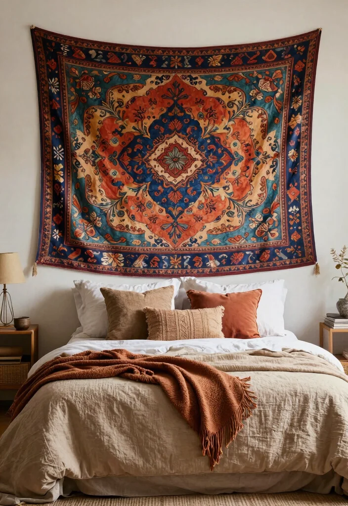 16 Bedroom Pictures Above Bed Ideas: Balanced Wall Decor - 11. Wall Tapestries 1