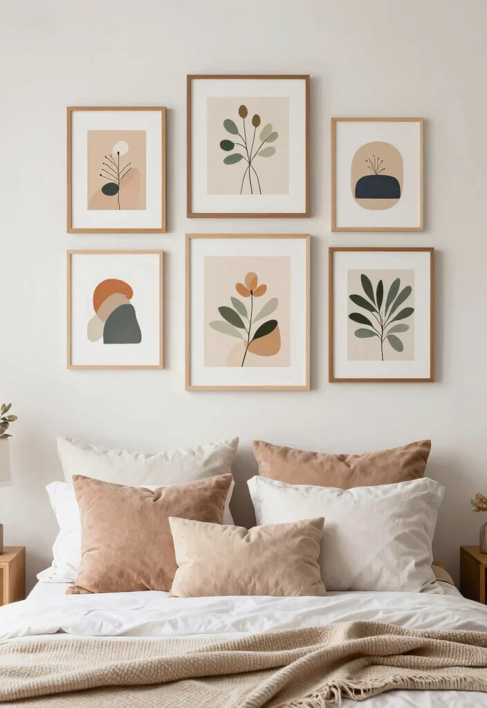 16 Bedroom Pictures Above Bed Ideas: Balanced Wall Decor - 13. Layered Artwork 1