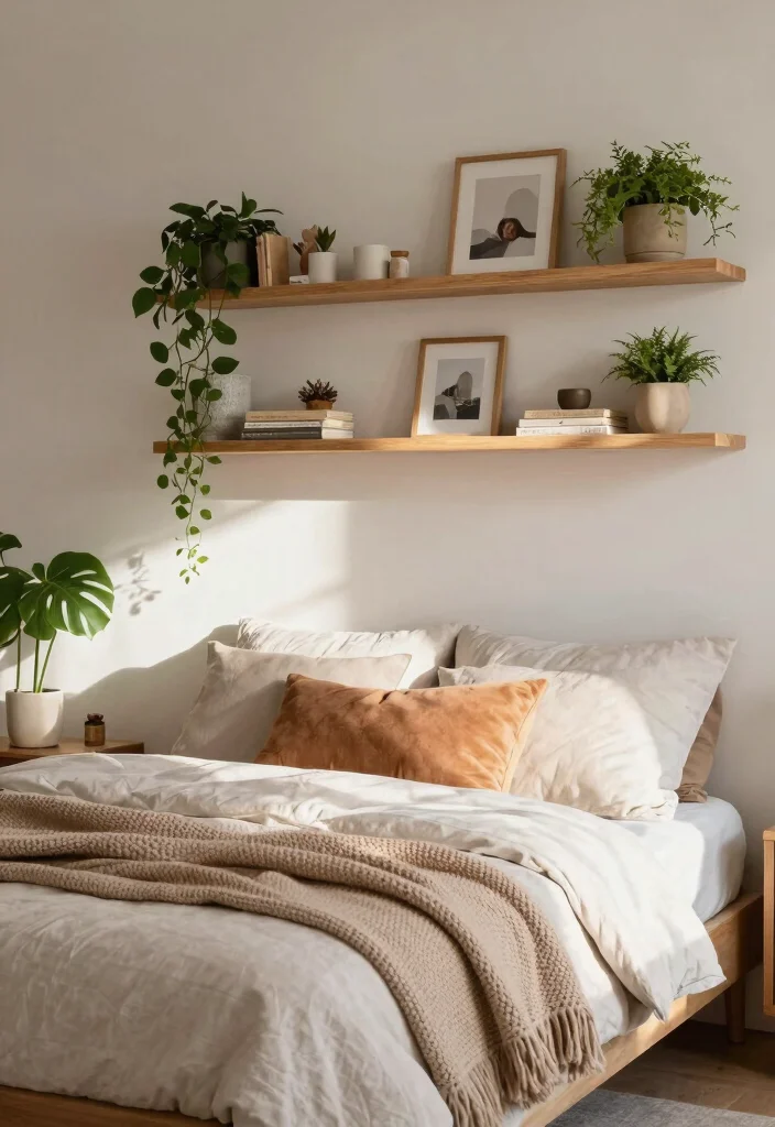 16 Bedroom Pictures Above Bed Ideas: Balanced Wall Decor - 4. Floating Shelves with Personal Touches 1