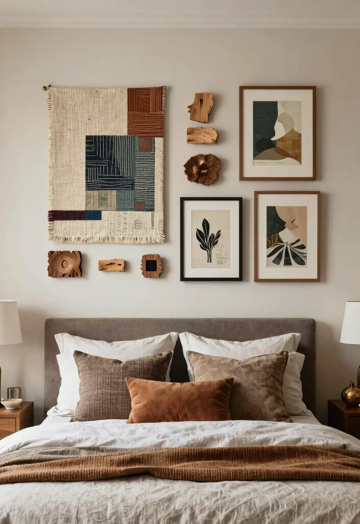 16 Bedroom Pictures Above Bed Ideas: Balanced Wall Decor - 6. Mixed Media Art 1