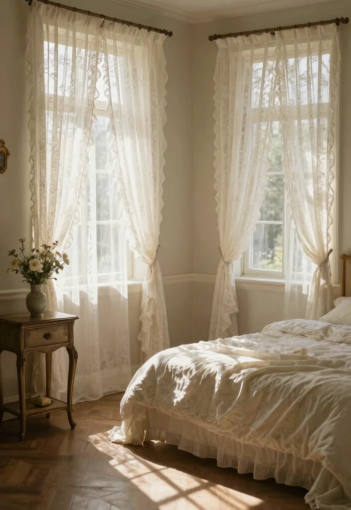 16 Bedroom Window Treatments Ideas: Functional and Stylish - 10. Vintage Lace Curtains 1