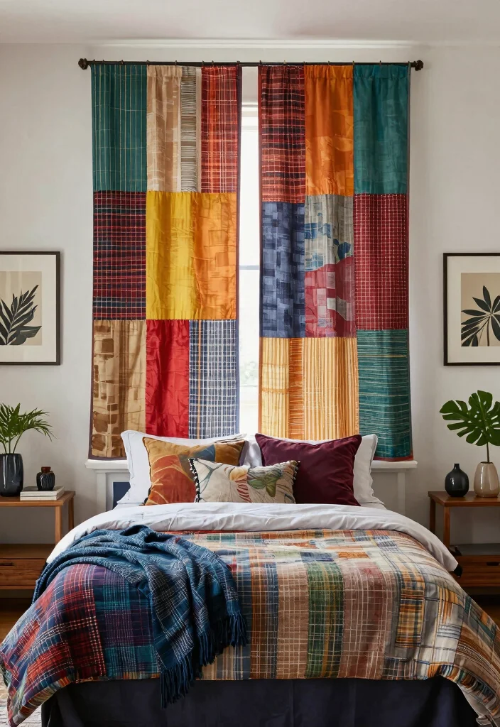 16 Bedroom Window Treatments Ideas: Functional and Stylish - 11. Upcycled Fabric Panels 1