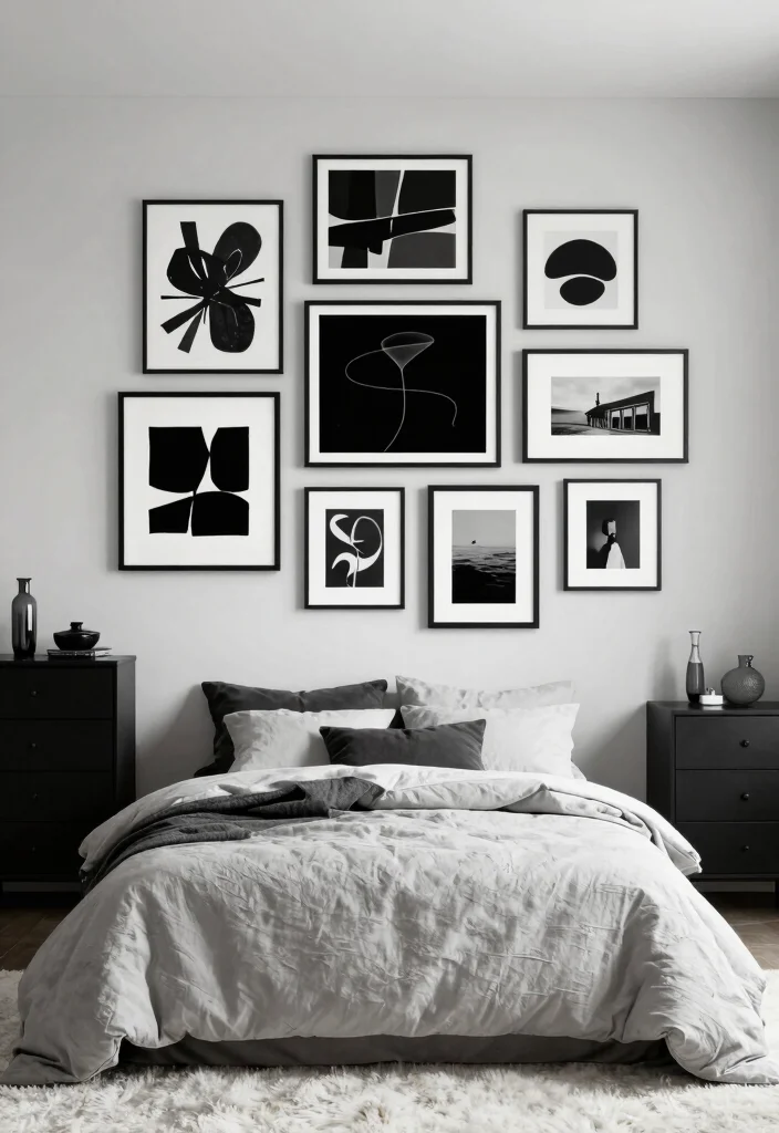 16 Black and White Themed Bedroom Ideas: Timeless Chic - 1. Monochrome Wall Art 1