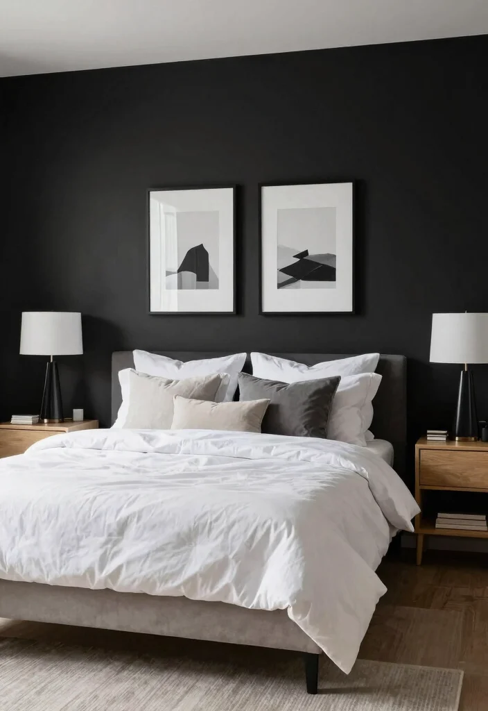 16 Black and White Themed Bedroom Ideas: Timeless Chic - 11. Monochrome Accent Walls 1