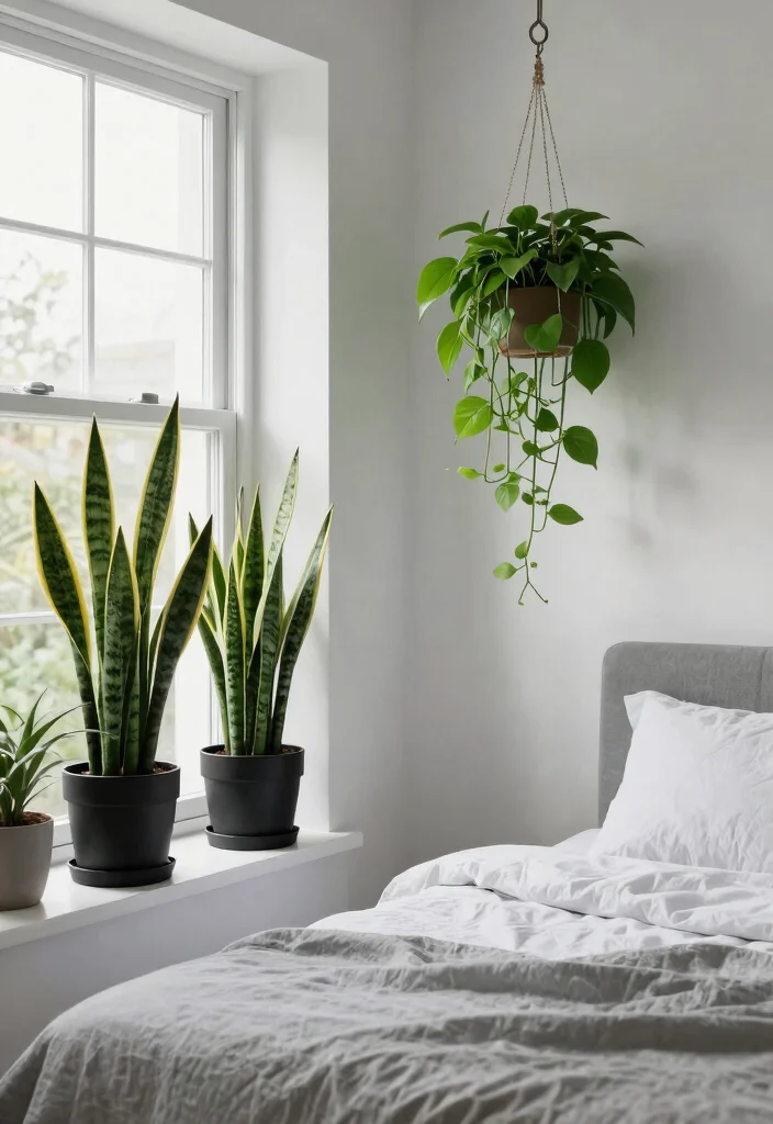 16 Black and White Themed Bedroom Ideas: Timeless Chic - 13. Plants for a Touch of Green 1