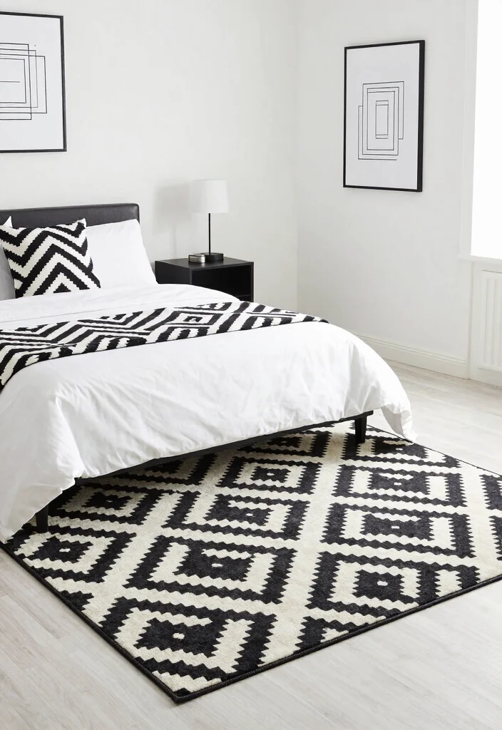 16 Black and White Themed Bedroom Ideas: Timeless Chic - 4. Geometric Patterns 1