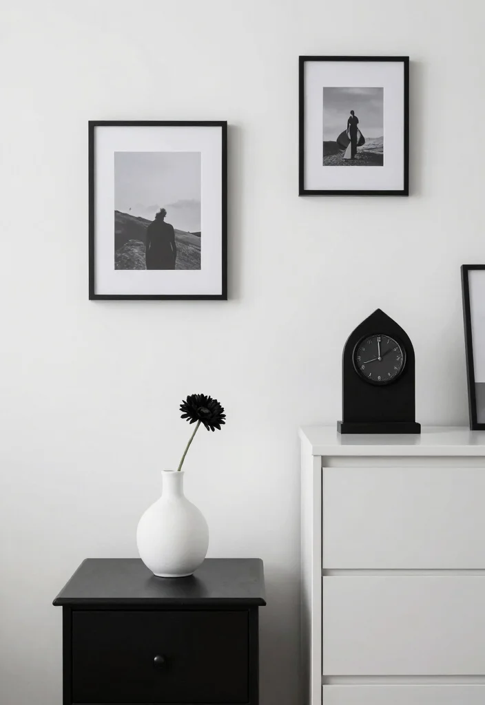 16 Black and White Themed Bedroom Ideas: Timeless Chic - 6. Minimalist Decor Accessories 1