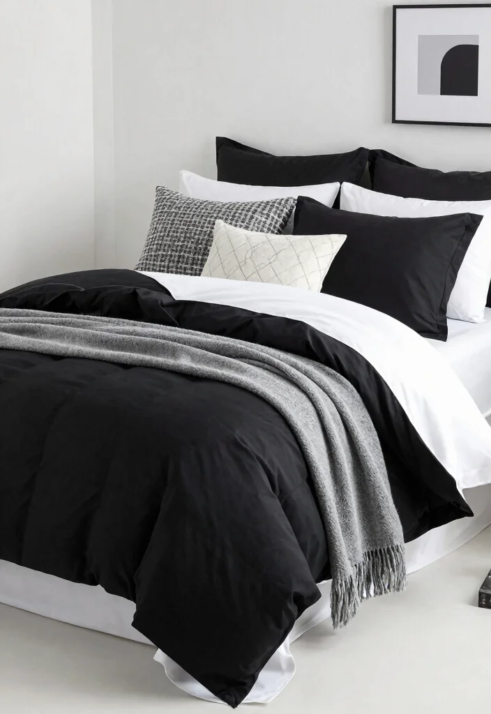 16 Black and White Themed Bedroom Ideas: Timeless Chic - 7. Monochromatic Bedding 1