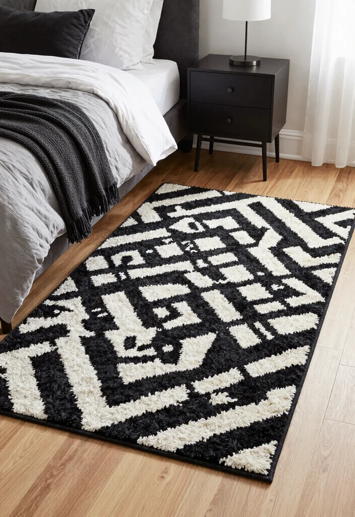 16 Black and White Themed Bedroom Ideas: Timeless Chic - 8. Statement Rugs 1
