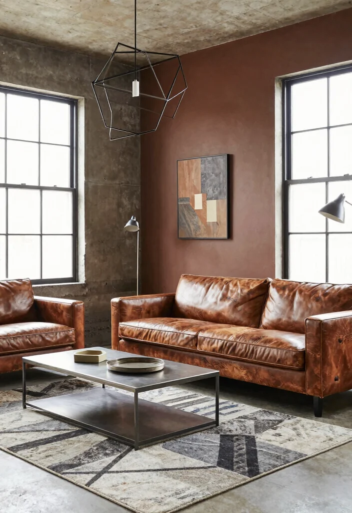 16 Brown Accent Wall Living Room Ideas: Warm, Cozy Depth - 10. Industrial Style Meets Rustic Warmth 1