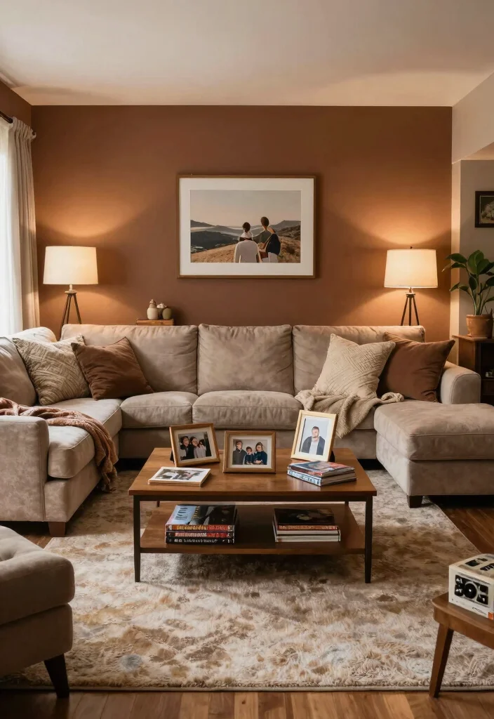 16 Brown Accent Wall Living Room Ideas: Warm, Cozy Depth - 11. Cozy Family Space 1