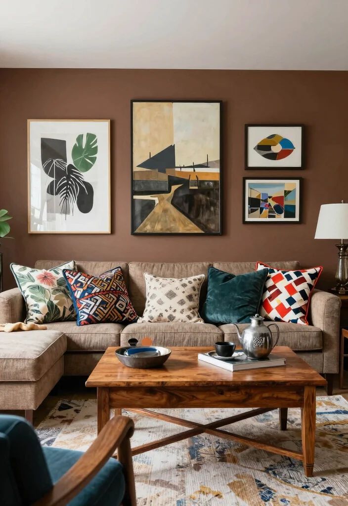 16 Brown Accent Wall Living Room Ideas: Warm, Cozy Depth - 13. Eclectic Mix of Styles 1