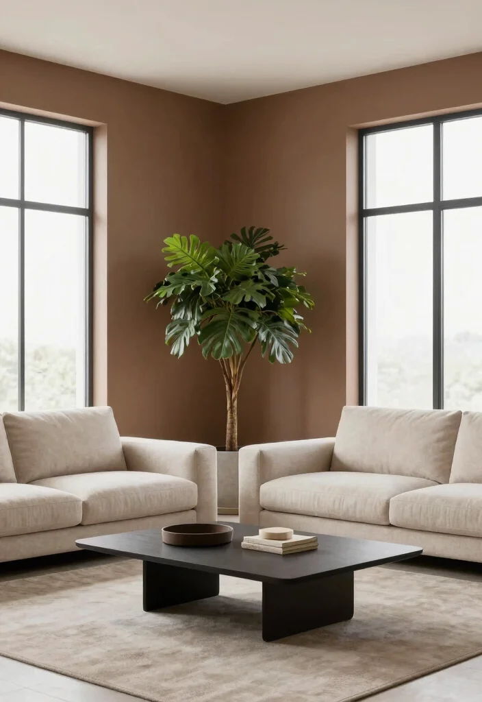 16 Brown Accent Wall Living Room Ideas: Warm, Cozy Depth - 14. Minimalist Cohesion 1