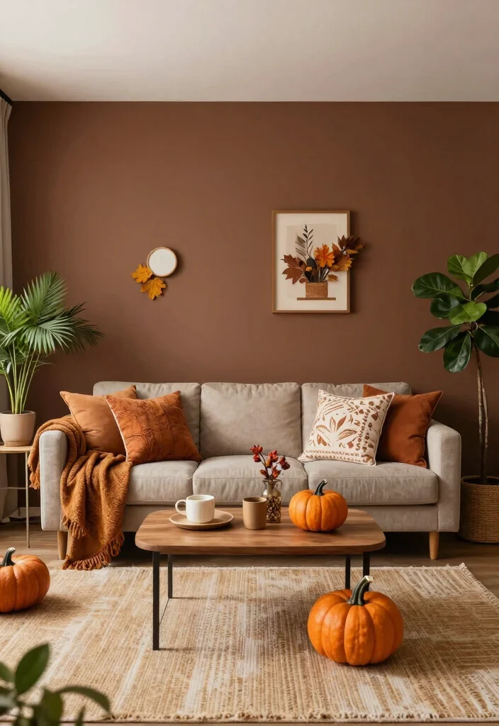 16 Brown Accent Wall Living Room Ideas: Warm, Cozy Depth - 15. Seasonal Decor Touches 1