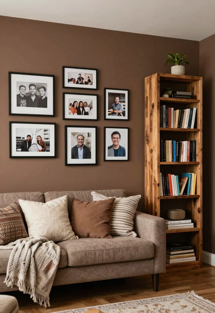 16 Brown Accent Wall Living Room Ideas: Warm, Cozy Depth - 16. Personal Touches with DIY Projects 1