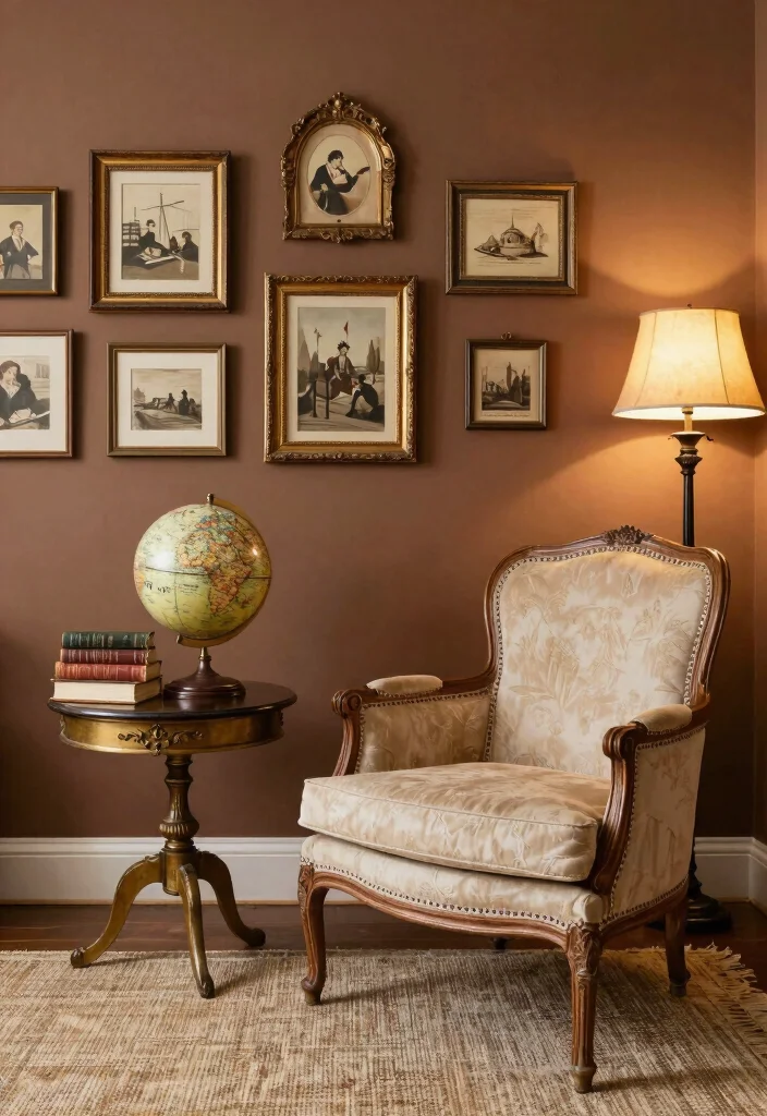 16 Brown Accent Wall Living Room Ideas: Warm, Cozy Depth - 4. Vintage Charm with Antique Decor 1